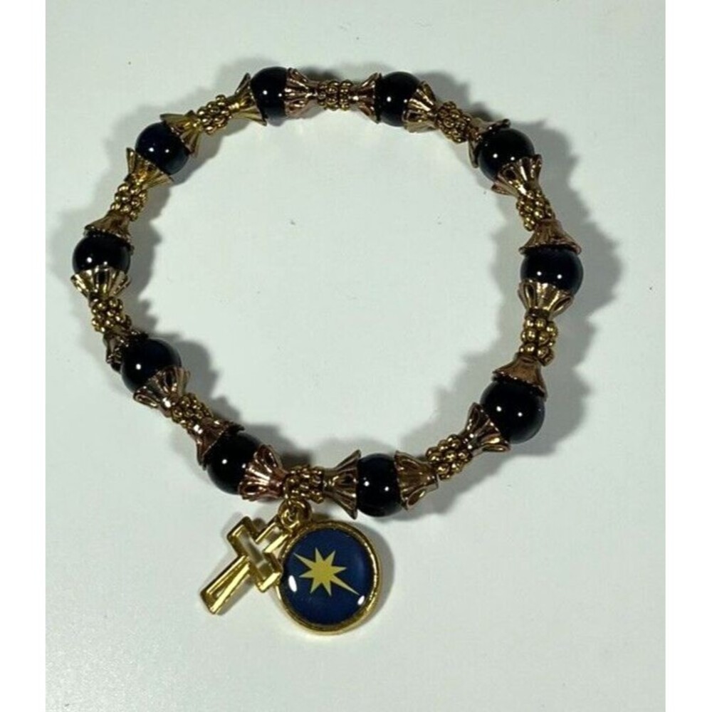 Autom Bracelet Blue Beaded Gold Plated Open Cross & Star Charms 7" Stretch
